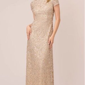 Adrianna Papell Sequin Cap Sleeve Scoop Neck Gown